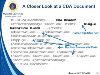 83
A Closer Look at a CDA Document
<ClinicalDocument> ... CDA Header ...
<structuredBody> <section> <text>... Single
Narrative Block ...</text>
<observation>...</observation>
<substanceAdministration>
<supply>...</supply>
</substanceAdministration> <observation>
<externalObservation>...
</externalObservation> </observation>
</section> <section> <section>...</section>
</section> </structuredBody>
</ClinicalDocument>
Source: HL7 CDA R2
Human Readable Part
Machine Processable Parts
 