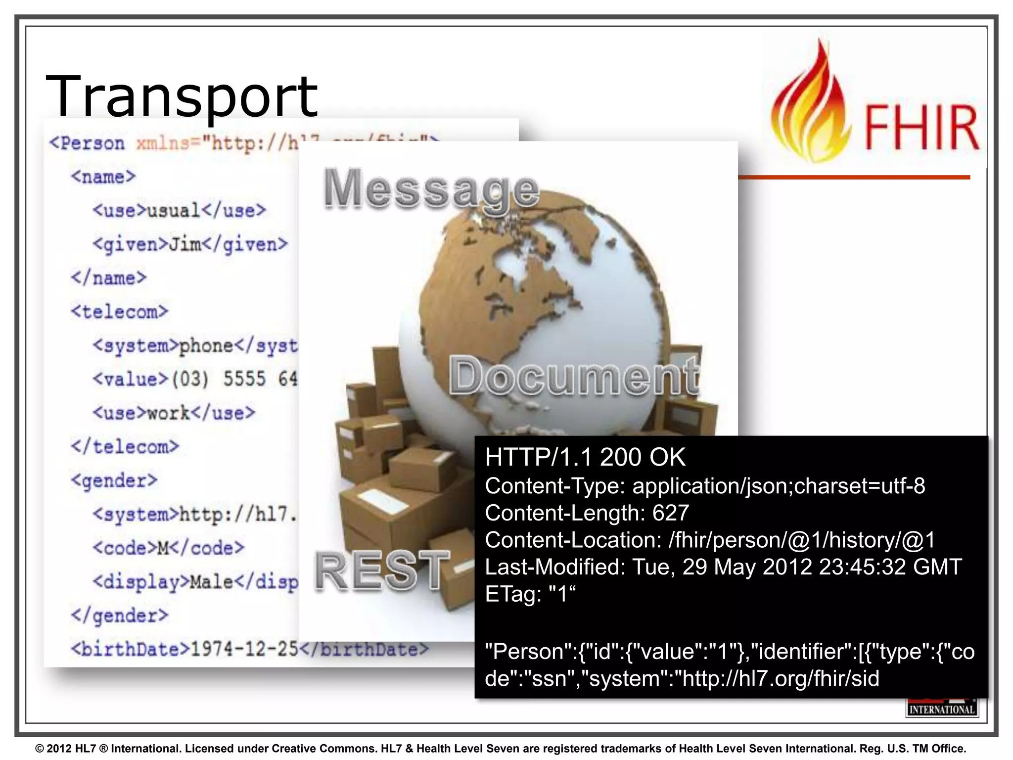 Transport




                                                                                 HTTP/1.1 200 OK
                                                                                 Content-Type: application/json;charset=utf-8
                                                                                 Content-Length: 627
                                                                                 Content-Location: /fhir/person/@1/history/@1
                                                                                 Last-Modified: Tue, 29 May 2012 23:45:32 GMT
                                                                                 ETag: "1“

                                                                                 "Person":{"id":{"value":"1"},"identifier":[{"type":{"co
                                                                                 de":"ssn","system":"http://hl7.org/fhir/sid

© 2012 HL7 ® International. Licensed under Creative Commons. HL7 & Health Level Seven are registered trademarks of Health Level Seven International. Reg. U.S. TM Office.
 