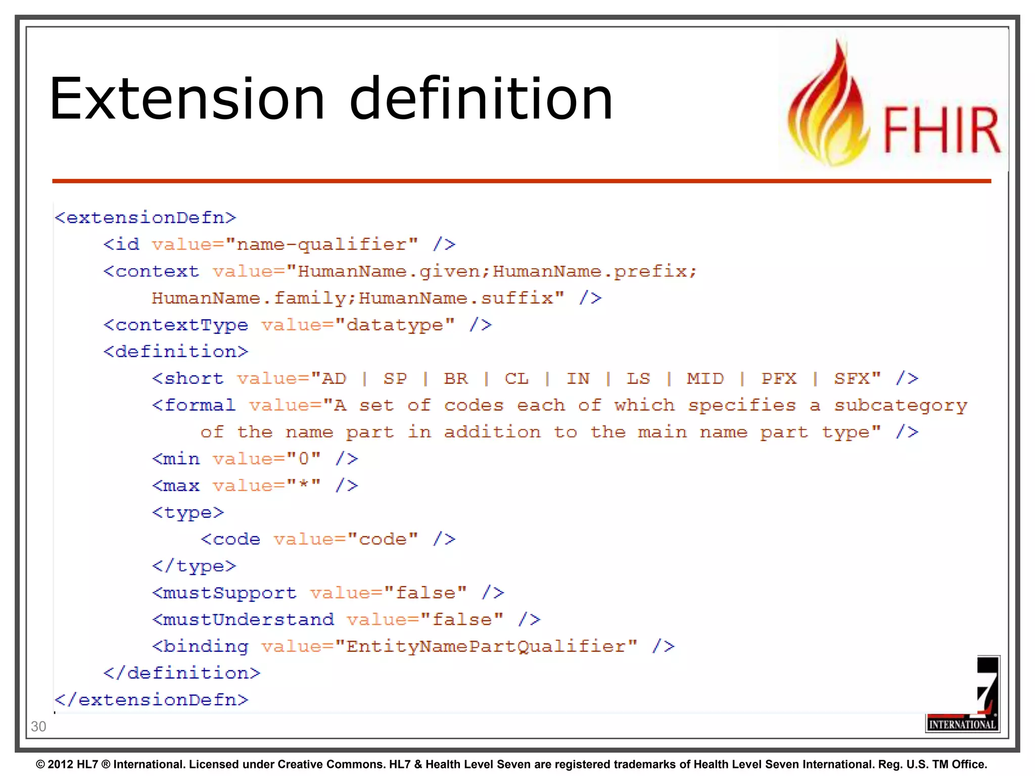Extension definition




30

© 2012 HL7 ® International. Licensed under Creative Commons. HL7 & Health Level Seven are registered trademarks of Health Level Seven International. Reg. U.S. TM Office.
 