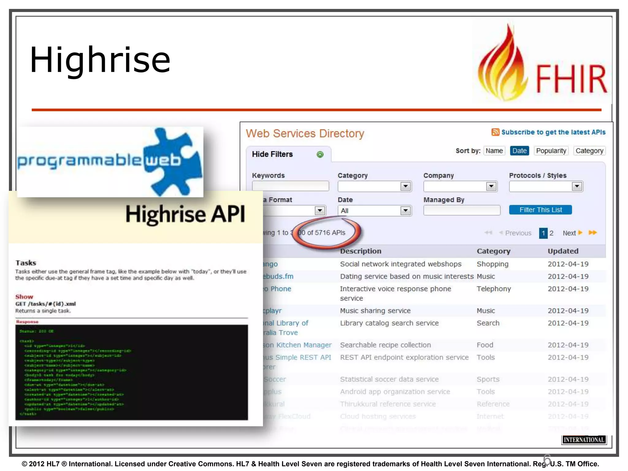 Highrise




                                                                                                                                                        6
© 2012 HL7 ® International. Licensed under Creative Commons. HL7 & Health Level Seven are registered trademarks of Health Level Seven International. Reg. U.S. TM Office.
 