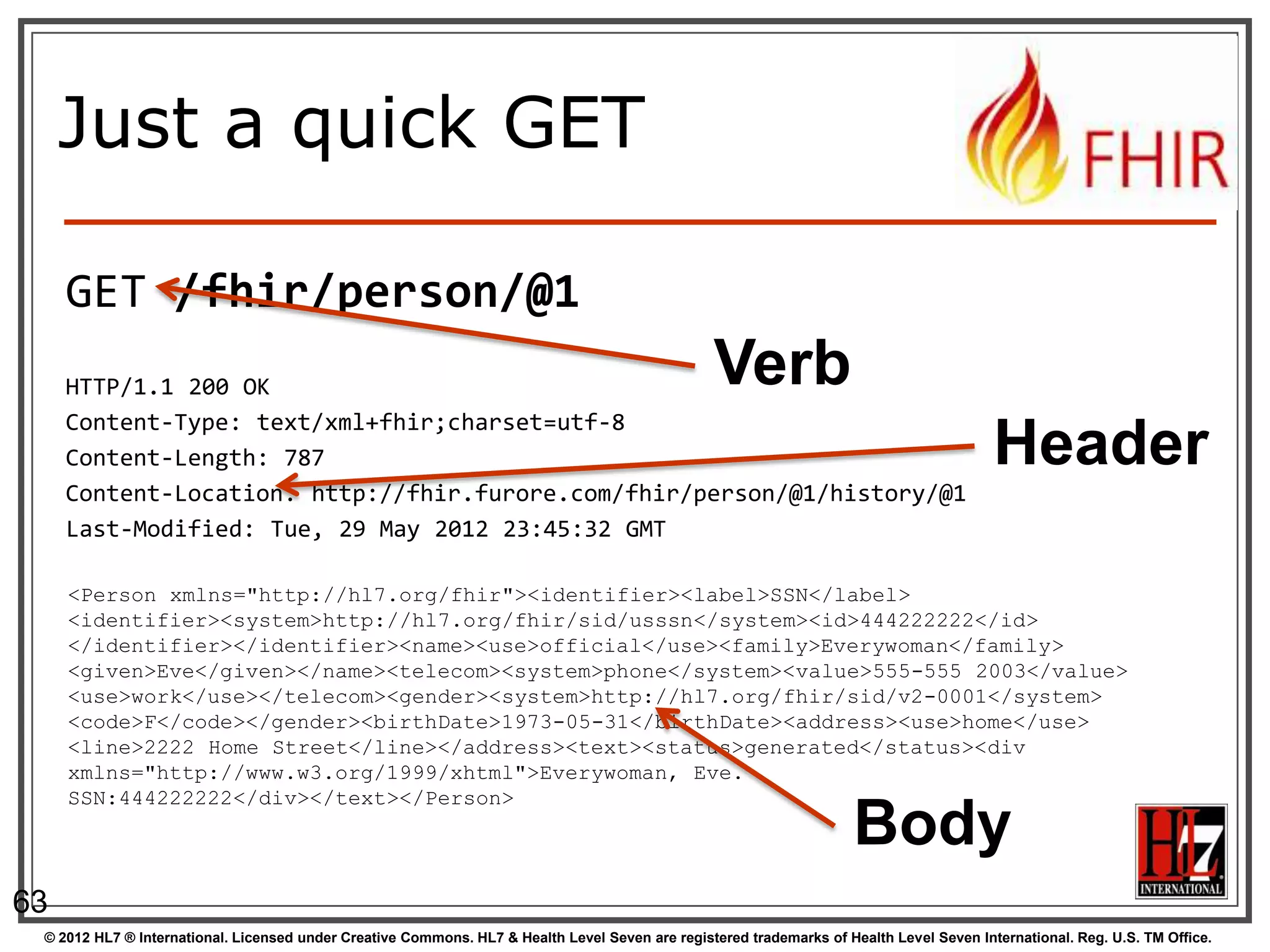 Just a quick GET

     GET /fhir/person/@1
     HTTP/1.1 200 OK                                                                             Verb
     Content-Type: text/xml+fhir;charset=utf-8
     Content-Length: 787                                                                                                                  Header
     Content-Location: http://fhir.furore.com/fhir/person/@1/history/@1
     Last-Modified: Tue, 29 May 2012 23:45:32 GMT

     <Person xmlns="http://hl7.org/fhir"><identifier><label>SSN</label>
     <identifier><system>http://hl7.org/fhir/sid/usssn</system><id>444222222</id>
     </identifier></identifier><name><use>official</use><family>Everywoman</family>
     <given>Eve</given></name><telecom><system>phone</system><value>555-555 2003</value>
     <use>work</use></telecom><gender><system>http://hl7.org/fhir/sid/v2-0001</system>
     <code>F</code></gender><birthDate>1973-05-31</birthDate><address><use>home</use>
     <line>2222 Home Street</line></address><text><status>generated</status><div
     xmlns="http://www.w3.org/1999/xhtml">Everywoman, Eve.
     SSN:444222222</div></text></Person>
                                                                                                                      Body
63
 © 2012 HL7 ® International. Licensed under Creative Commons. HL7 & Health Level Seven are registered trademarks of Health Level Seven International. Reg. U.S. TM Office.
 