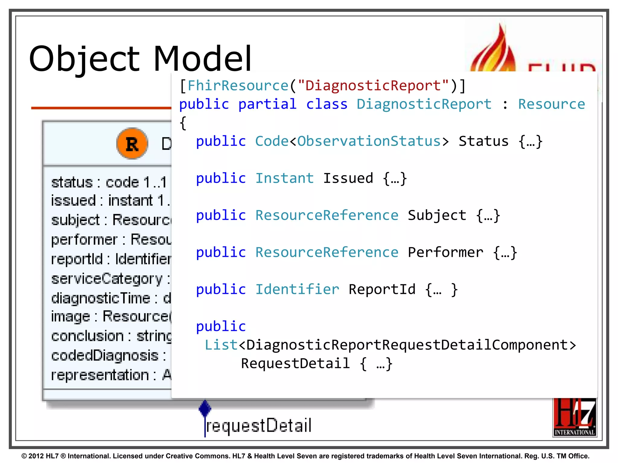 Object Model
                                              [FhirResource("DiagnosticReport")]
                                              public partial class DiagnosticReport : Resource
                                              {
                                                public Code<ObservationStatus> Status {…}

                                                   public Instant Issued {…}

                                                   public ResourceReference Subject {…}

                                                   public ResourceReference Performer {…}

                                                   public Identifier ReportId {… }

                                                   public
                                                    List<DiagnosticReportRequestDetailComponent>
                                                        RequestDetail { …}



77

© 2012 HL7 ® International. Licensed under Creative Commons. HL7 & Health Level Seven are registered trademarks of Health Level Seven International. Reg. U.S. TM Office.
 