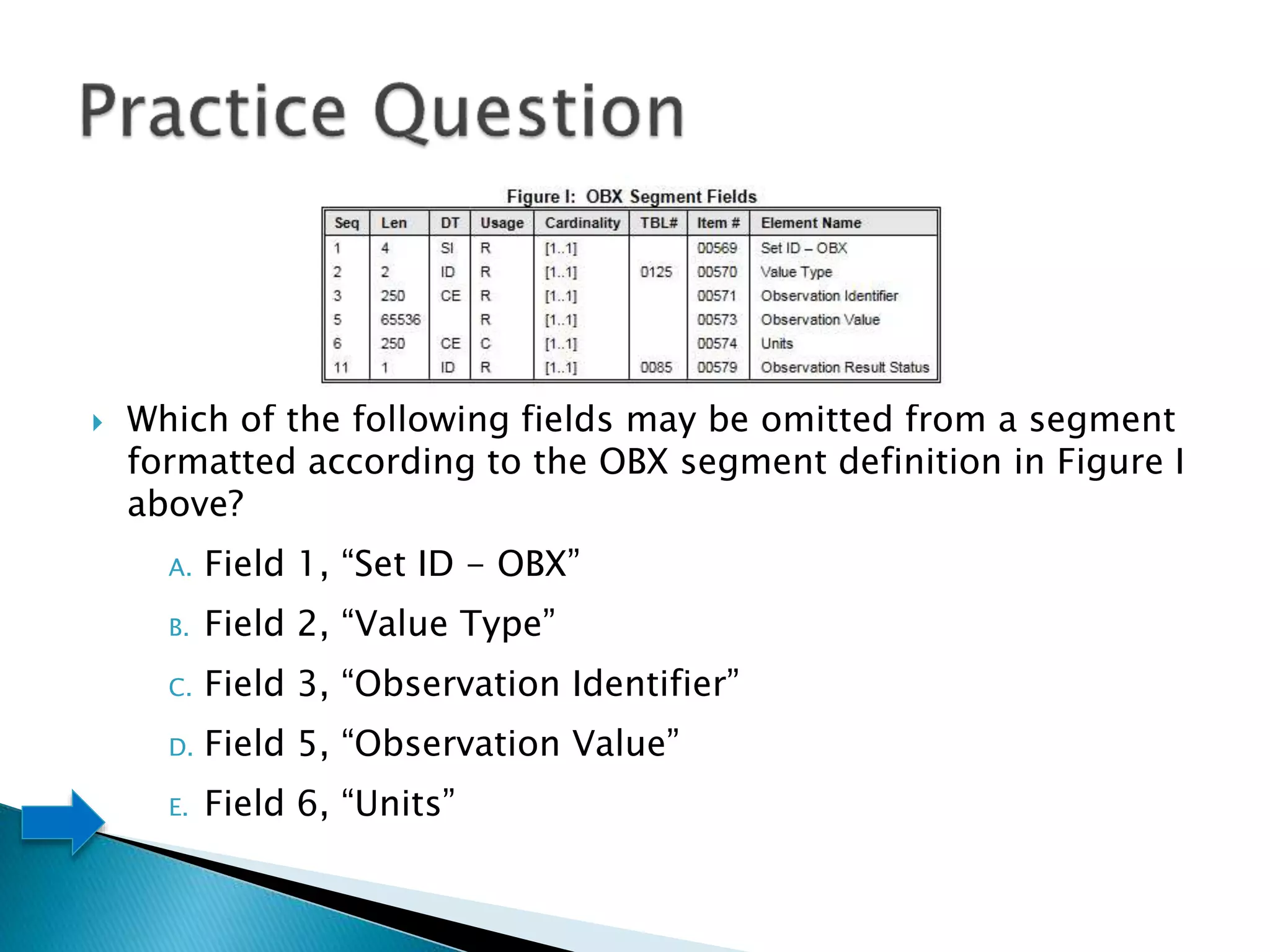 Which of the following fields may be omitted from a segment
formatted according to the OBX segment definition in Figure I
above?
A. Field 1, “Set ID - OBX”
B. Field 2, “Value Type”
C. Field 3, “Observation Identifier”
D. Field 5, “Observation Value”
E. Field 6, “Units”
 