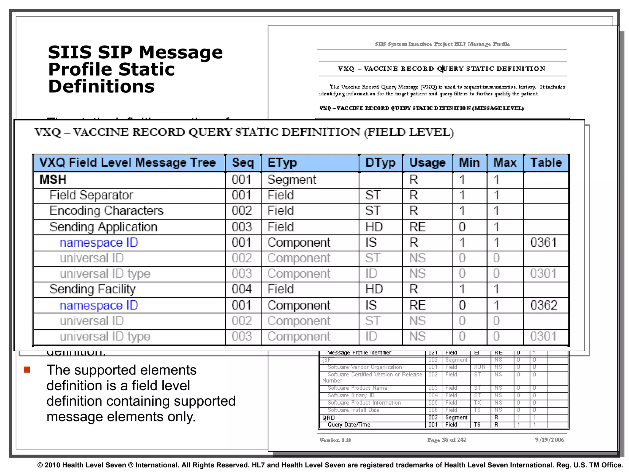 SIIS SIP Message Profile Static Definitions The static definition portion of the message profile declares the usage and cardinality constraints for the constituent message elements of the SIIS SIP HL7 messages.  There is a static definition for each message type (VXQ, VXX, VXR, QCK, and ACK).  Each static definition includes a message level, segment level, and field level definition.  The static definition also includes a supported elements definition. The supported elements definition is a field level definition containing supported message elements only. 