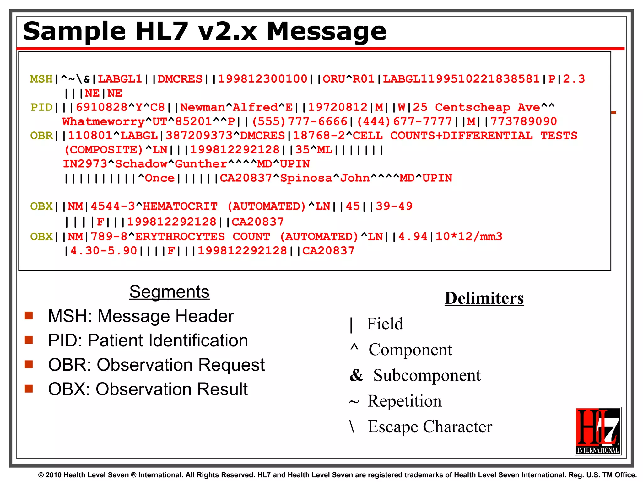 Sample HL7 v2.x Message Segments MSH: Message Header  PID: Patient Identification  OBR: Observation Request OBX: Observation Result Delimiters |  Field  ^   Component &   Subcomponent  ~  Repetition \   Escape Character MSH |^~\&| LABGL1 || DMCRES || 199812300100 || ORU ^ R01 | LABGL1199510221838581 | P | 2.3 ||| NE | NE PID ||| 6910828 ^ Y ^ C8 || Newman ^ Alfred ^ E || 19720812 | M || W | 25 Centscheap Ave ^^ Whatmeworry ^ UT ^ 85201 ^^ P || (555)777-6666 | (444)677-7777 || M || 773789090  OBR || 110801 ^ LABGL | 387209373 ^ DMCRES | 18768-2 ^ CELL COUNTS+DIFFERENTIAL TESTS (COMPOSITE) ^ LN ||| 199812292128 || 35 ^ ML ||||||| IN2973 ^ Schadow ^ Gunther ^^^^ MD ^ UPIN ||||||||||^ Once |||||| CA20837 ^ Spinosa ^ John ^^^^ MD ^ UPIN OBX || NM | 4544-3 ^ HEMATOCRIT (AUTOMATED) ^ LN || 45 || 39-49 |||| F ||| 199812292128 || CA20837 OBX || NM | 789-8 ^ ERYTHROCYTES COUNT (AUTOMATED) ^ LN || 4.94 | 10*12/mm3 | 4.30-5.90 |||| F ||| 199812292128 || CA20837 