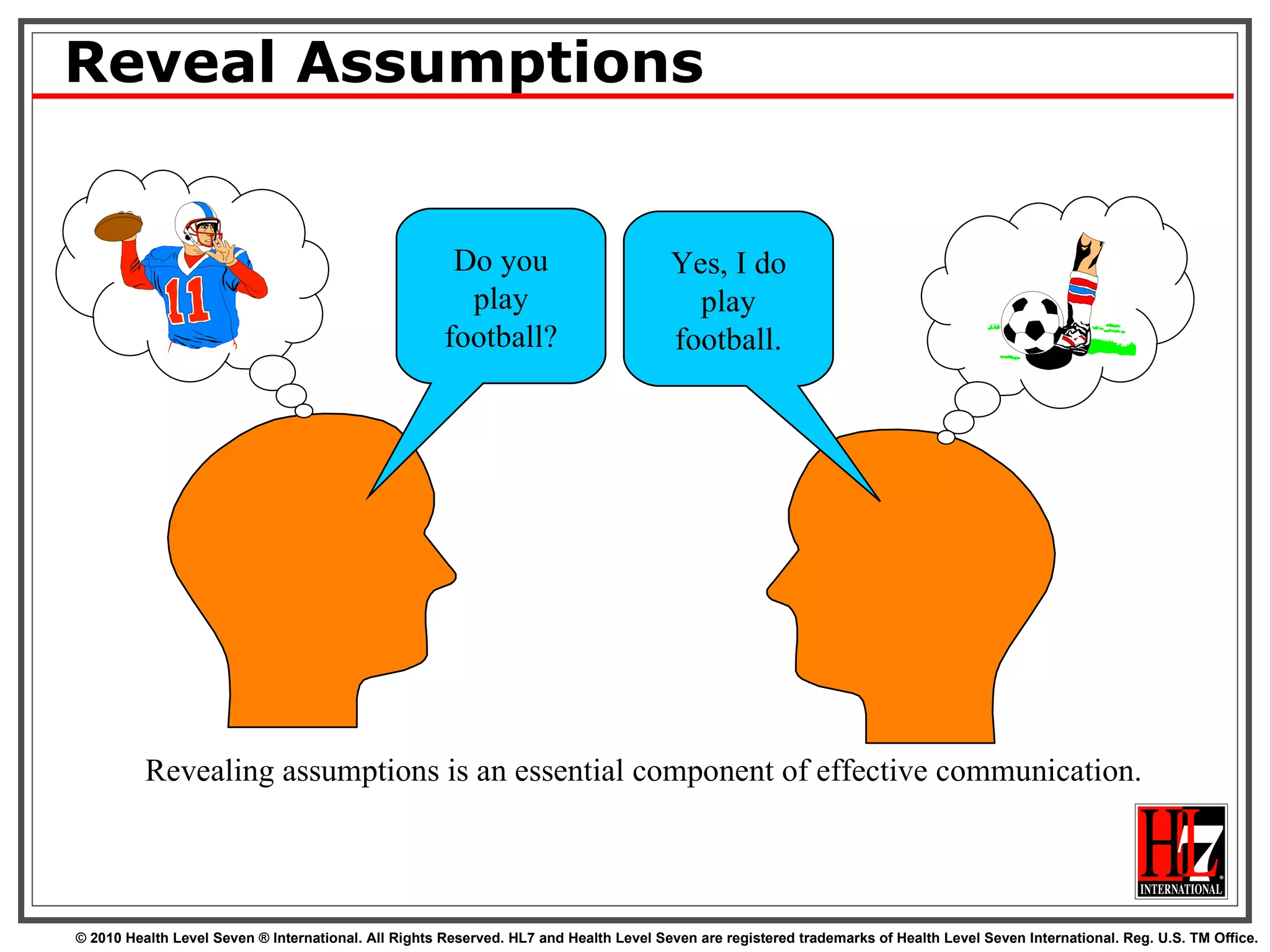 Reveal Assumptions Revealing assumptions is an essential component of effective communication. Yes, I do play football. Do you play football? 
