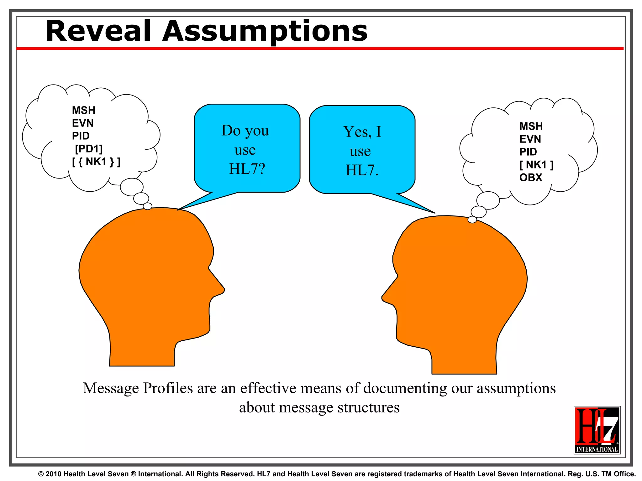Reveal Assumptions Message Profiles are an effective means of documenting our assumptions about message structures Do you  use  HL7? MSH EVN PID [PD1] [ { NK1 } ] Yes, I use  HL7. MSH EVN PID [ NK1 ] OBX 