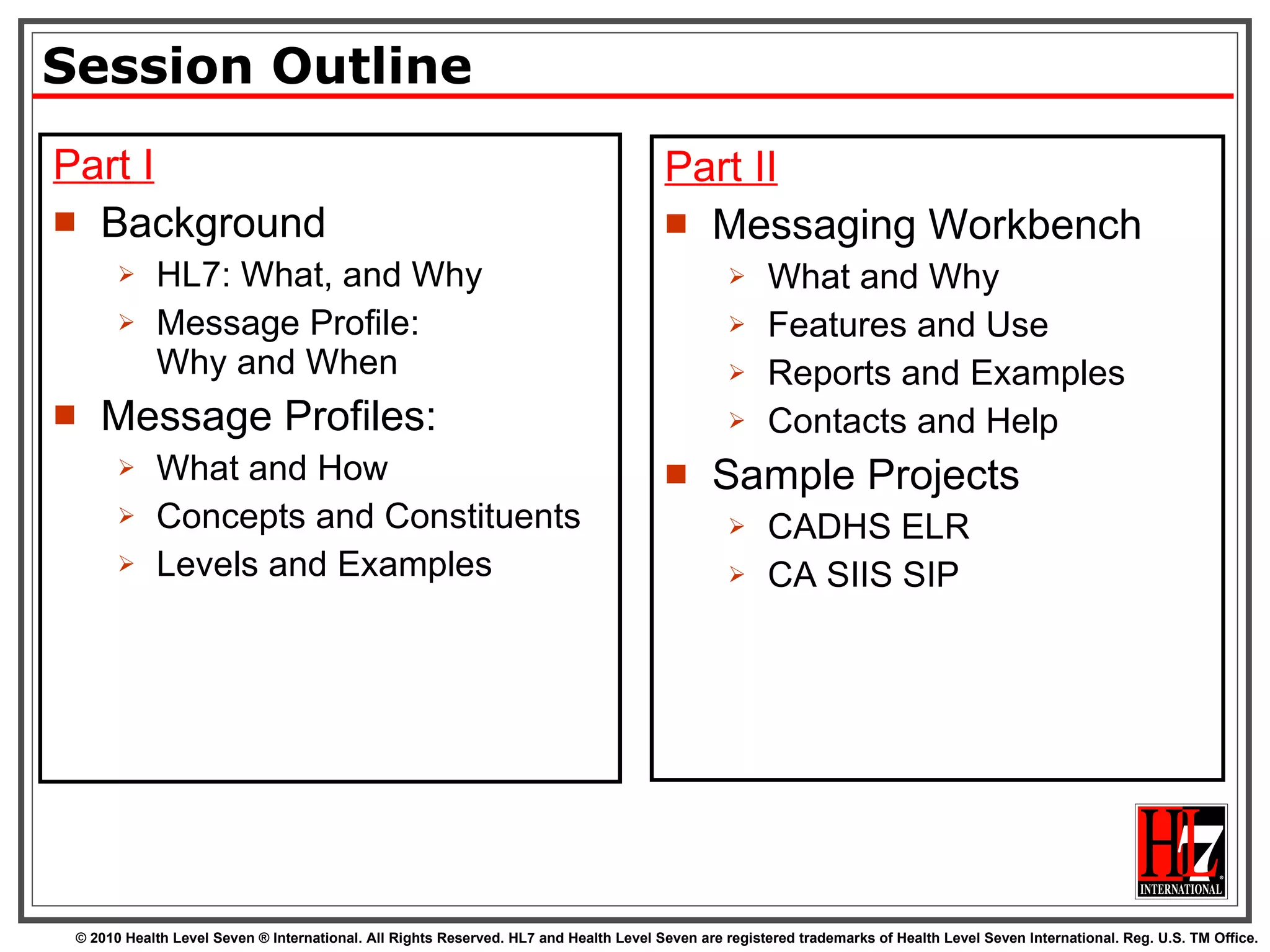 Session Outline Part I Background HL7: What, and Why Message Profile:  Why and When  Message Profiles:  What and How Concepts and Constituents Levels and Examples Part II Messaging Workbench What and Why Features and Use Reports and Examples Contacts and Help Sample Projects CADHS ELR CA SIIS SIP 
