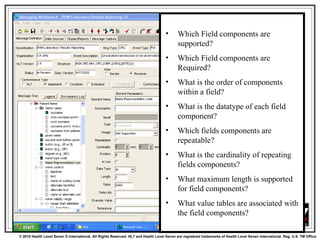 Field-Level Profile Which Field components are supported? Which Field components are Required? What is the order of components within a field? What is the datatype of each field component? Which fields components are repeatable? What is the cardinality of repeating fields components? What maximum length is supported for field components? What value tables are associated with the field components? 
