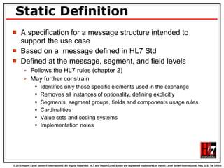 Static Definition A specification for a message structure intended to support the use case Based on a  message defined in HL7 Std Defined at the message, segment, and field levels Follows the HL7 rules (chapter 2) May further constrain Identifies only those specific elements used in the exchange Removes all instances of optionality, defining explicitly Segments, segment groups, fields and components usage rules Cardinalities  Value sets and coding systems Implementation notes 