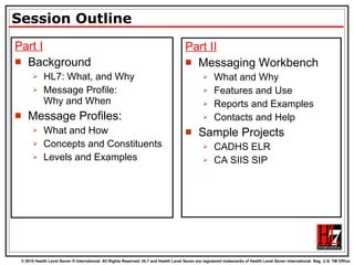 Session Outline Part I Background HL7: What, and Why Message Profile:  Why and When  Message Profiles:  What and How Concepts and Constituents Levels and Examples Part II Messaging Workbench What and Why Features and Use Reports and Examples Contacts and Help Sample Projects CADHS ELR CA SIIS SIP 