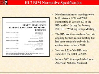 HL7 RIM Normative SpecificationNine harmonization meetings were held between 1998 and 2000 culminating in version 1.0 of the RIM ratified during the January 2001 HL7 Working Group Meeting.The RIM continues to be refined via ongoing harmonization meeting but has been extremely stable in its content since January 2001.Version 1.25 of the RIM was submitted for ballot in 2002.In June 2003 it was published as an American National Standard.