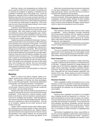 Mulching, hoeing, and handweeding are methods that                	     Mulch aids in preventing surface soil erosion, particularly
can be used to control most of the weeds in the garden and              if it has been established for a few weeks. In addition, it
to eliminate the problems of applying a herbicide and the               helps keep leaves, flowers, and fruits free from soil which is
possibility of herbicide injury to the garden crop. Good soil           important with strawberries and tomatoes.
preparation, adequate control of weeds before planting, and             	     Mulches should be applied after the soil is warm enough
planting crops when the soil is warm enough to get them up              for active root growth. Straw, grass clippings, sawdust, leaves,
rapidly are all good practices that will help maintain a minimum        newspapers, and black plastic sheeting all make excellent
amount of labor for weed control. Many Oklahoma gardeners               mulches for the home vegetable garden. If black plastic is
in rural areas have ample space for gardening. If this is the           used, it is best to cover the plastic with lighter colored organic
case, be sure to leave enough space between rows to allow               mulch to reduce the temperature around the plants.
room for cultivating equipment.
	     Cultivation and hoeing should be done when weeds are
                                                                        Disease Control
small because weeds compete with the crops for light, water,
and nutrients. Also, when weeds are large, they are much                	    Plant diseases adversely affect yield and plant quality
more difficult to remove without damaging the crops. Cultiva-           of vegetables.      Various pathogenic microbes interacting
tion and hoeing should be done shallowly so that injury to the          with environmental conditions that are suitable for disease
root system of the crop plants will not occur. Handweeding              development cause diseases of plants. The disease-caus-
in the crop row is usually necessary.                                   ing microbes are spread from plant to plant by air currents,
	     Weeds may also be controlled with herbicides. However,            water, insect vectors, and by contaminated seeds, transplants,
chemical weed control in the home garden is difficult because           infested soil, and implements.
of the diversity of the crops grown in the garden. It is hard to        	    Diseases of vegetables can be prevented by a combination
find an herbicide that is selective enough to remove a specific         of good management practices to achieve good control.
weed without the potential or probability that it will also kill or
                                                                        Seed Treatment
damage some of the crops in the garden. With several types
of plants located close together in a small area, some may              	    The use of a protective fungicide will help protect seeds
be seriously damaged by any herbicide that you might select.            against seed rot and damping off in the early stages of seed
However, there are a few formulations available now which               germination. Use according to directions on the label. Chemi-
make them safer and easier to use. For example, glyphosate              cally treated seed should not be handled with bare hands.
foam is easier to use and poses less risk to desirable plants.
                                                                        Plant Treatment
Some preemergence herbicides can also be used success-
fully in the garden when transplants are used or after seeds            	     Various fungicides are available for foliage treatments.
sown have emerged and matured. Visit your local garden                  Fungicide materials should be sprayed on all exposed parts
center or county extension office for information on current            of the plant. Fungicide treatments for foliage diseases are
preemergence herbicide products.                                        usually used on the following vegetables: pepper, eggplant,
	     The best weed control in the home garden is a sharp hoe           potato, tomato, watermelon, cucumber, muskmelon, squash,
and good mulch.                                                         and beans. Read and follow all label directions and precau-
                                                                        tions, especially the time interval between application and
                                                                        harvest of the crop. Before starting any kind of treatment,
Mulches                                                                 it is essential to obtain a positive diagnosis from a qualified
	     Mulch is a layer of any type of material, organic or in-          specialist.
organic, spread on the surface of the soil around and under
plants. The application of mulches has many advantages,                 Resistant Varieties
such as improving plant growth, enhancing the appearance                	     Certain vegetable varieties are resistant to one or more
of the garden, and reducing time spent in maintenance.                  diseases, and the home gardener should take advantage of
	     The most common reason for using a mulch is to help               this built-in protection. Remember, healthy seed and disease-
control weeds. Where the mulch is thick enough, usually four            free transplants are essential—do not use plants that show
to six inches, very few weeds will grow.                                abnormalities.
	     Mulches also help conserve moisture during periods of
drought by reducing the amount of soil moisture lost through            Crop Rotation
evaporation. At the same time, mulches maintain uniform                 	    Rotating where vegetables are planted is an excellent
levels of soil moisture, which is important in preventing blos-         way of keeping harmful soil organisms to a minimum. Ex-
som-end rot of peppers and tomatoes. Wide fluctuations in               perienced gardeners know the value of proper crop rotation.
soil moisture may induce this physiological disorder. Mulches           They are aware that the same crop planted in the same spot
also aid in maintaining a uniform soil temperature. They act            year after year decreases in productivity. This is because soil
as an insulation, keeping the soil cooler during the warm               borne diseases, soil insects, nematodes, and toxic chemical
months of the year.                                                     residues tend to collect and build up in a given area. As these
	     Organic mulch materials increase water-holding capac-             detrimental factors increase, crop yields decrease. There-
ity of sandy soil and increase aeration of heavy clay soils as          fore, it is necessary to rotate the location of vegetables each
they gradually become mixed with the soil. Organic mulches              season.
also furnish food for microorganisms found in the soil. During          	    Each family of vegetables has certain unique effects on
decomposition of the organic material, soil microorganisms              the soil, and most vegetable varieties within a given family are
secrete a sticky material that promotes granulation of the              susceptible to the same diseases and insects. Therefore, it
soil.                                                                   is important to know which vegetables are included in each
                                                                HLA-6013-2
 