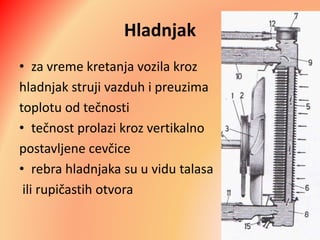 Hladnjak
• za vreme kretanja vozila kroz
hladnjak struji vazduh i preuzima
toplotu od tečnosti
• tečnost prolazi kroz vertikalno
postavljene cevčice
• rebra hladnjaka su u vidu talasa
ili rupičastih otvora
 