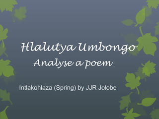 Hlalutya Umbongo 
Analyse a poem 
Intlakohlaza (Spring) by JJR Jolobe 
 