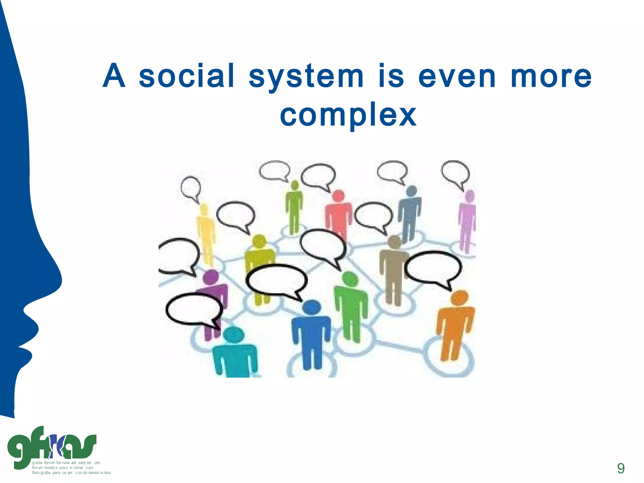 A social system is even more
complex
9
 