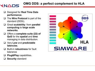 OMG DDS: a perfect complement to HLA

 Designed for Real Time Data
  performance.
 The Wire Protocol is part of the
  standard (DDSi).
 Great scalability: from parallel
  computing to large scale
  networks.
 Offers a complete suite (22) of
  QoS for the spatial and time
  managing in data distribution.
 Very Low and predictable
  latencies.
 Built-in robustness for fault
  tolerance
 Plug&Play capabilities.
 Security standard
 