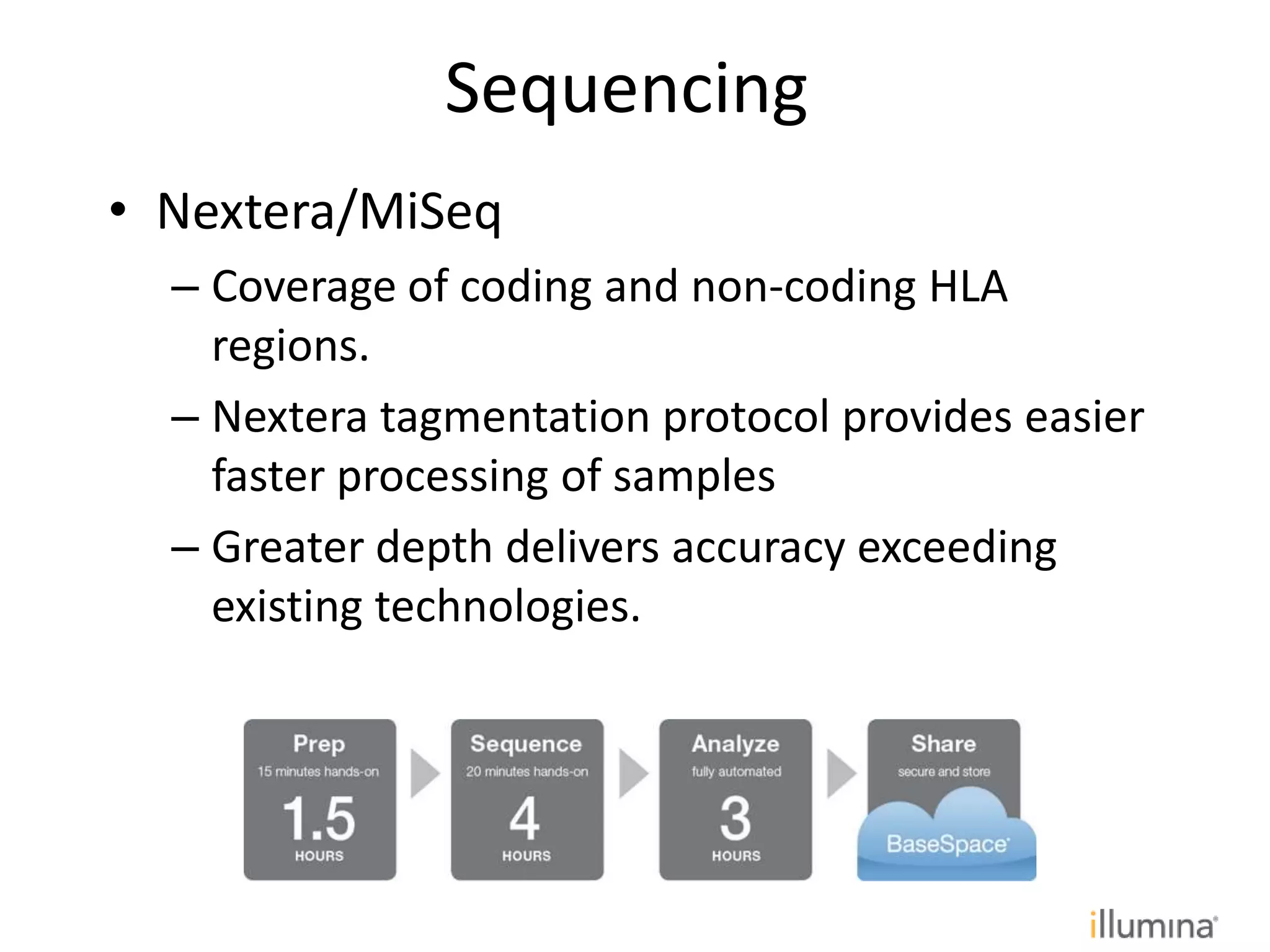 • Nextera/MiSeq
– Coverage of coding and non-coding HLA
regions.
– Nextera tagmentation protocol provides easier
faster processing of samples
– Greater depth delivers accuracy exceeding
existing technologies.
Sequencing
 