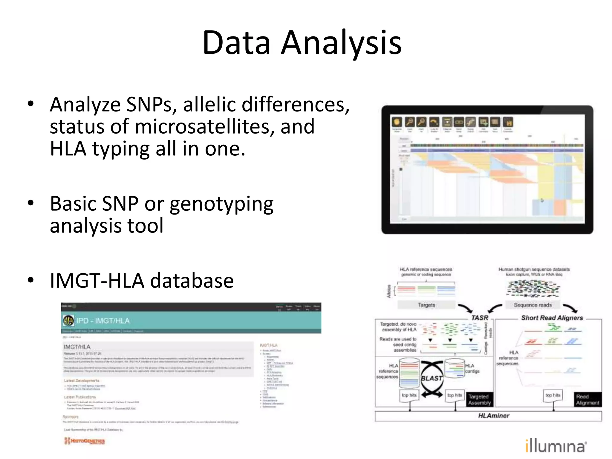 • Analyze SNPs, allelic differences,
status of microsatellites, and
HLA typing all in one.
• Basic SNP or genotyping
analysis tool
• IMGT-HLA database
Data Analysis
 