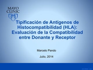 ©2013 MFMER | slide-1
Tipificación de Antígenos de
Histocompatibilidad (HLA):
Evaluación de la Compatibilidad
entre Donante y Receptor
Marcelo Pando
Julio, 2014
 