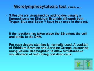 Microlymphocytotoxic test  Contd …. 3.Results are visualised by adding dye usually a fluorochrome eg Ethidium Bromide although both Trypan Blue and Eosin Y have been used in the past. If the reaction has taken place the EB enters the cell and binds to the DNA. For ease double staining is normally used. A cocktail of Ethidium Bromide and Acridine Orange, quenched using Bovine Haemoglobin to allow simultaneous visualisation of both living and dead cells.   