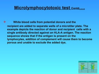 Microlymphocytotoxic test  Contd …. White blood cells from potential donors and the  recipient are added to separate wells of a microtiter plate. The example depicts the reaction of donor and recipient  cells with a single antibody directed against an HLA-A antigen. The reaction sequence shows that if the antigen is present on the lymphocytes, addition of complement will cause them to become porous and unable to exclude the added dye. 