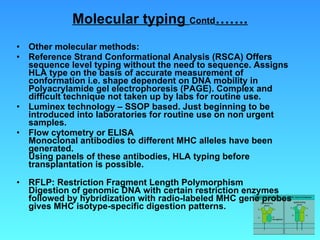 Molecular typing  Contd ……. Other molecular methods: Reference Strand Conformational Analysis (RSCA) Offers sequence level typing without the need to sequence. Assigns HLA type on the basis of accurate measurement of conformation i.e. shape dependent on DNA mobility in Polyacrylamide gel electrophoresis (PAGE). Complex and difficult technique not taken up by labs for routine use. Luminex technology – SSOP based. Just beginning to be introduced into laboratories for routine use on non urgent samples. Flow cytometry or ELISA Monoclonal antibodies to different MHC alleles have been generated. Using panels of these antibodies, HLA typing before transplantation is possible. RFLP: Restriction Fragment Length Polymorphism Digestion of genomic DNA with certain restriction enzymes followed by hybridization with radio-labeled MHC gene probes gives MHC isotype-specific digestion patterns. 