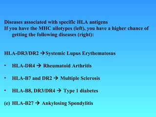 Diseases associated with specific HLA antigens If you have the MHC allotypes (left), you have a higher chance of getting the following diseases (right): HLA-DR3/DR2   Systemic Lupus Erythematosus HLA-DR4    Rheumatoid Arthritis HLA-B7 and DR2    Multiple Sclerosis HLA-B8, DR3/DR4    Type 1 diabetes (e) HLA-B27    Ankylosing Spondylitis 