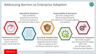 Copyright © 2018, Oracle and/or its affiliates. All rights reserved.
Addressing Barriers to Enterprise Adoption
Performance at Scale
Parallel execution
Elastic scale-out
Faster world-state DB
Operational Resilience
High availability
Autonomous recovery
Continuous backup to
DR-replicated object store
Security & Confidentiality
Permissioned blockchain
Integrated identity mgmt.
Data encryption at-rest
Certificate revocation mgmt.
Supportability & Operations
Dynamic configuration
Monitoring dashboards
Zero-downtime managed patching
and updates
Development & Integration
Dev mode support
Unit testing w/mock ledger
REST APIs
Java & Node.js SDKs
Enterprise App Adapters
21
 