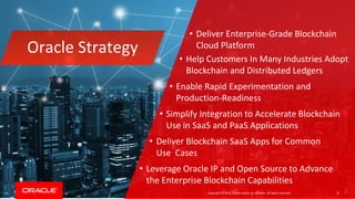 Copyright © 2018, Oracle and/or its affiliates. All rights reserved. 15
Oracle Strategy
• Deliver Enterprise-Grade Blockchain
Cloud Platform
• Help Customers In Many Industries Adopt
Blockchain and Distributed Ledgers
• Enable Rapid Experimentation and
Production-Readiness
• Simplify Integration to Accelerate Blockchain
Use in SaaS and PaaS Applications
• Deliver Blockchain SaaS Apps for Common
Use Cases
• Leverage Oracle IP and Open Source to Advance
the Enterprise Blockchain Capabilities
 