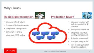 Copyright © 2018, Oracle and/or its affiliates. All rights reserved. 8Copyright © 2017, Oracle and/or its affiliates. All rights reserved. 8
Why Cloud?
• Managed infrastructure
• Pre-assembled dependencies
• Templatized configuration
• Consumption pricing
• Integrated CI/CD tooling
Rapid Experimentation Production-Ready
• Managed services with
built-in monitoring &
recovery
• Multiple datacenter DR
• Integrated security &
identity management
• Scale-out on demand
• Managed lifecycle ops
• Easy-to-use application
integration options
 