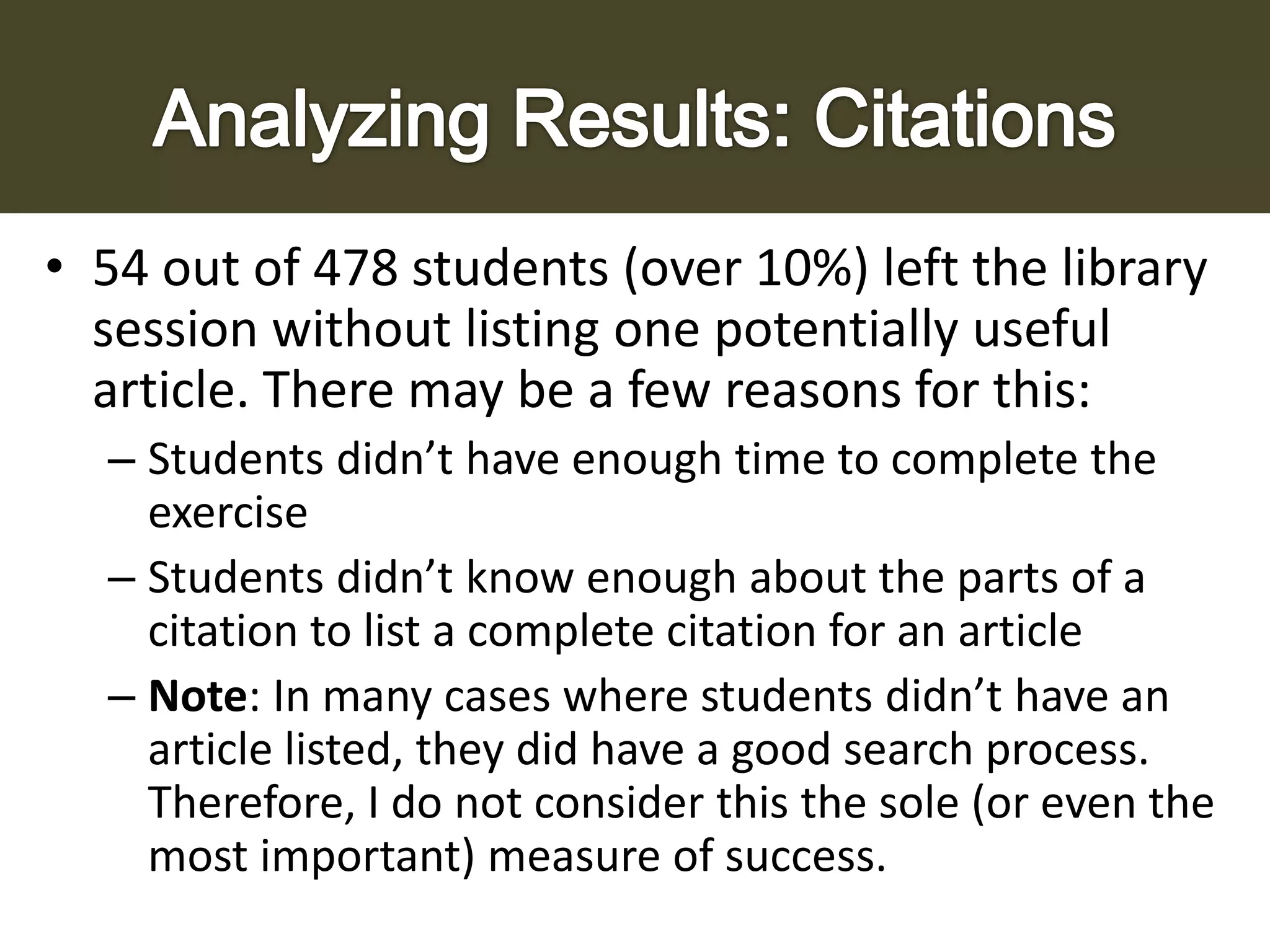 • 54 out of 478 students (over 10%) left the library
session without listing one potentially useful
article. There may be a few reasons for this:
– Students didn’t have enough time to complete the
exercise
– Students didn’t know enough about the parts of a
citation to list a complete citation for an article
– Note: In many cases where students didn’t have an
article listed, they did have a good search process.
Therefore, I do not consider this the sole (or even the
most important) measure of success.

 