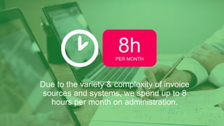 PER MONTH
8h
Due to the variety & complexity of invoice
sources and systems, we spend up to 8
hours per month on administr...