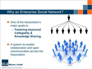 Why an Enterprise Social Network?
 One of the Association’s
major goals is:
– Fostering Improved
Collegiality &
Knowledge Sharing.
 A system to enable
collaboration and open
communication across the
Association.

 