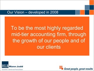 Our Vision – developed in 2008

To be the most highly regarded
mid-tier accounting firm, through
the growth of our people and of
our clients

 