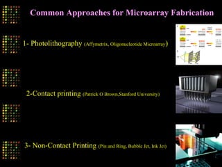 Common Approaches for Microarray Fabrication
2-Contact printing (Patrick O Brown,Stanford University)
3- Non-Contact Printing (Pin and Ring, Bubble Jet, Ink Jet)
1- Photolithography (Affymetrix, Oligonucleotide Microarray)
 