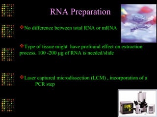 RNA Preparation
No difference between total RNA or mRNA
Type of tissue might have profound effect on extraction
process. 100 -200 µg of RNA is needed/slide
Laser captured microdissection (LCM) , incorporation of a
PCR step
 