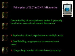 Principles of Q.C in DNA Microarray
Down-Scaling of an experiment makes it generally
sensitive to external and internal fluctuation
Replication of each experiments on multiple array
Dual labeling, swapping the dyes for control and treated
sample
Using a large number of controls on every array
 