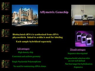 Affymetrix Genechip
Biotinylated cRNA is synthesized from cDNA
phycoerthrin linked to avidin is used for labeling
Each sample hybridized separately
Advantages
High density chip
Consistent and uniform geometry
Single Nucleotide Polymorphisms
No need for maintaining cDNA clones
Disadvantages
Sequence data required
Oligonucleotid selection rules
are not well defined
Not best target for hybridization
Expensive
 