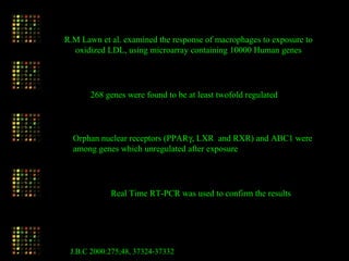 R.M Lawn et al. examined the response of macrophages to exposure to
oxidized LDL, using microarray containing 10000 Human genes
268 genes were found to be at least twofold regulated
Real Time RT-PCR was used to confirm the results
Orphan nuclear receptors (PPARγ, LXR and RXR) and ABC1 were
among genes which unregulated after exposure
J.B.C 2000:275;48, 37324-37332
 