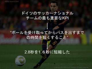 ドイツのサッカーナショナル
チームの最も重要なKPI
“ボールを受け取ってからパスを出すまで
の時間を短くすること”
2.8秒を1.６秒に短縮した
Copyright 2018 Masayuki Tadokoro All rights reserved
Startup Science 2018
 