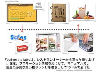 Food-on-the-tableは、レストランオーナーから貰った売り上げ
、在庫、プロモーション情報を元にして、マニュアルで、
翌週の必要な買い物やレシピを書き出して10ドルで届けた
Copyright 2018 Masayuki Tadokoro All rights reserved
Startup Science 2018
 