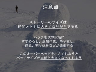 ストーリーのサイズは
時間とともに大きくなりがちである
バッチを次の段階に
すすめると、追加作業、やり直し、
遅延、割り込みなどが発生する
このオーバーヘッドを小さくしようと
バッチサイズが自然と大きくなってしまう
Copyright 2018 Masayuki Tadokoro All rights reserved
注意点
Startup Science 2018
 