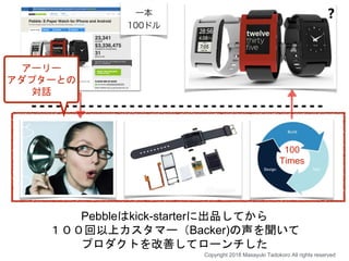Pebbleはkick-starterに出品してから
１００回以上カスタマー（Backer)の声を聞いて
プロダクトを改善してローンチした
100
Times
❓
Copyright 2018 Masayuki Tadokoro All rights reserved
アーリー
アダプターとの
対話
 