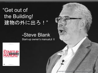 “Get out of
the Building!
建物の外に出ろ！”
-Steve Blank
Start-up owner’s manualより
Copyright 2018 Masayuki Tadokoro All rights reserved
Startup Science 2018
 