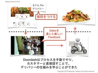 Doordashはプロセスを手動でやり、
カスタマーと直接話すことで、
デリバリーの仕組みを学ぶことができた
Copyright 2018 Masayuki Tadokoro All rights reserved
値段をつける
Salesを
通じた厳しい
Feedback
Startup Science 2018
 