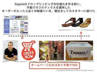 Zapposはドロップシッピングの仕組みを作る前に、
手動でロジスティクスを運用した
オーダーが入ったら近くの靴屋にいき、梱包をしてカスタマーに届けた
ホームページ以外は全て手動で対応
Copyright 2018 Masayuki Tadokoro All rights reserved
 