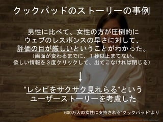男性に比べて、女性の方が圧倒的に
ウェブのレスポンスの早さに対して、
評価の目が厳しいということがわかった。
（画面が変わるまでに、１秒以上まてない、
欲しい情報を３度クリックして、出てこなければ閉じる）
”レシピをサクサク見れらる”という
ユーザーストーリーを考慮した
クックパッドのストーリーの事例
600万人の女性に支持される”クックパッド”より
Copyright 2018 Masayuki Tadokoro All rights reserved
 