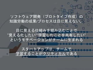 ソフトウェア開発（プロトタイプ作成）の
知識労働の成果/プロセスは目に見えない。
目に見える仕組みを組み込むことで
”見える化したい””学習したことを共有したい”
というモチベージョンがチームに生まれる
スタートアップは、チームで
学習することがクリティカルである
Copyright 2018 Masayuki Tadokoro All rights reserved
 