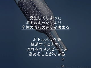 発生してしまった
ボトルネックにより、
全体の流れの速度が決まる
ボトルネックを
解消することで、
流れを作りスピードを
高めることができる
Copyright 2018 Masayuki Tadokoro All rights reserved
 